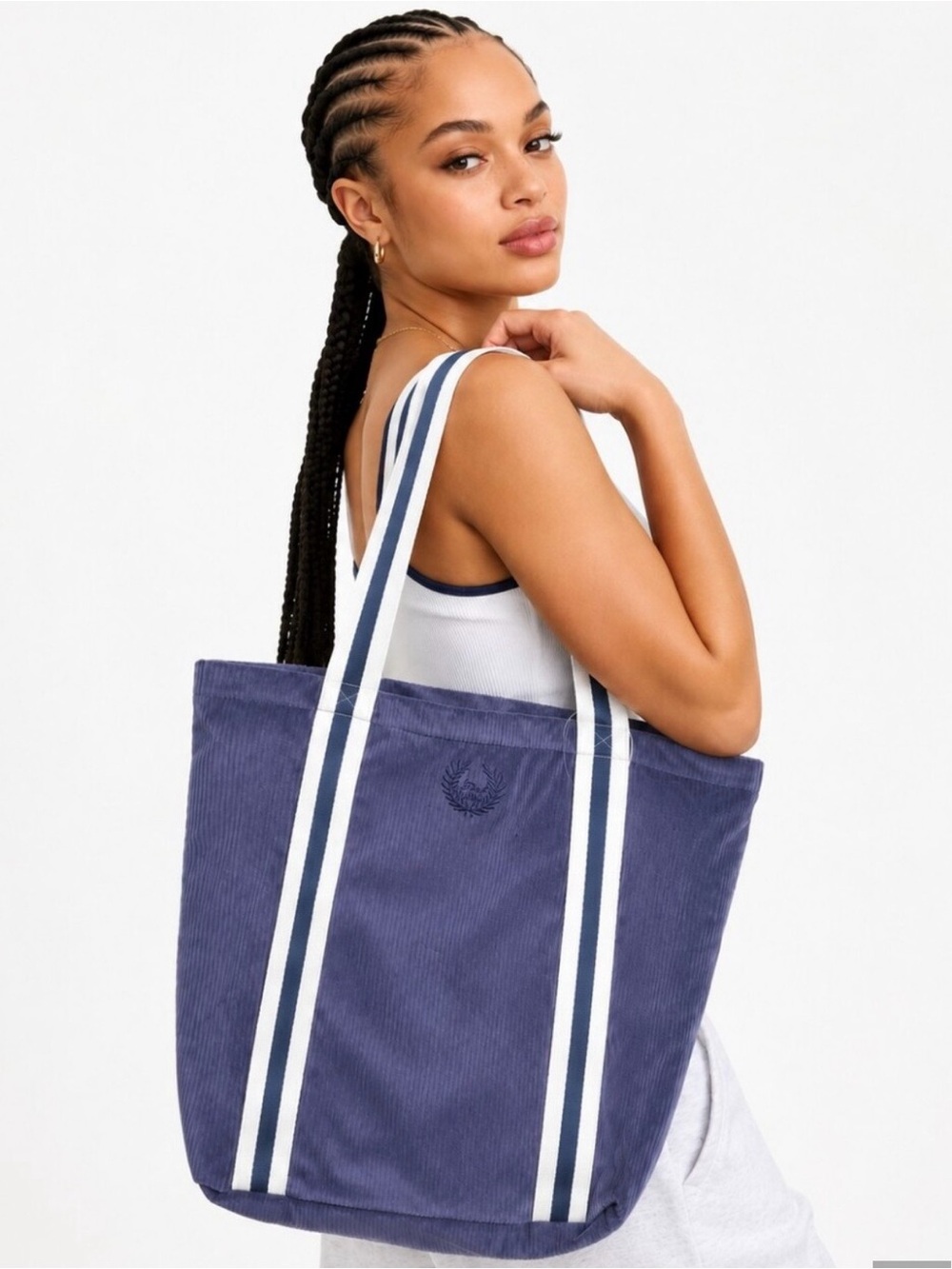 PINK Victoria's Secret Navy Corduroy Tote with Striped Handles
